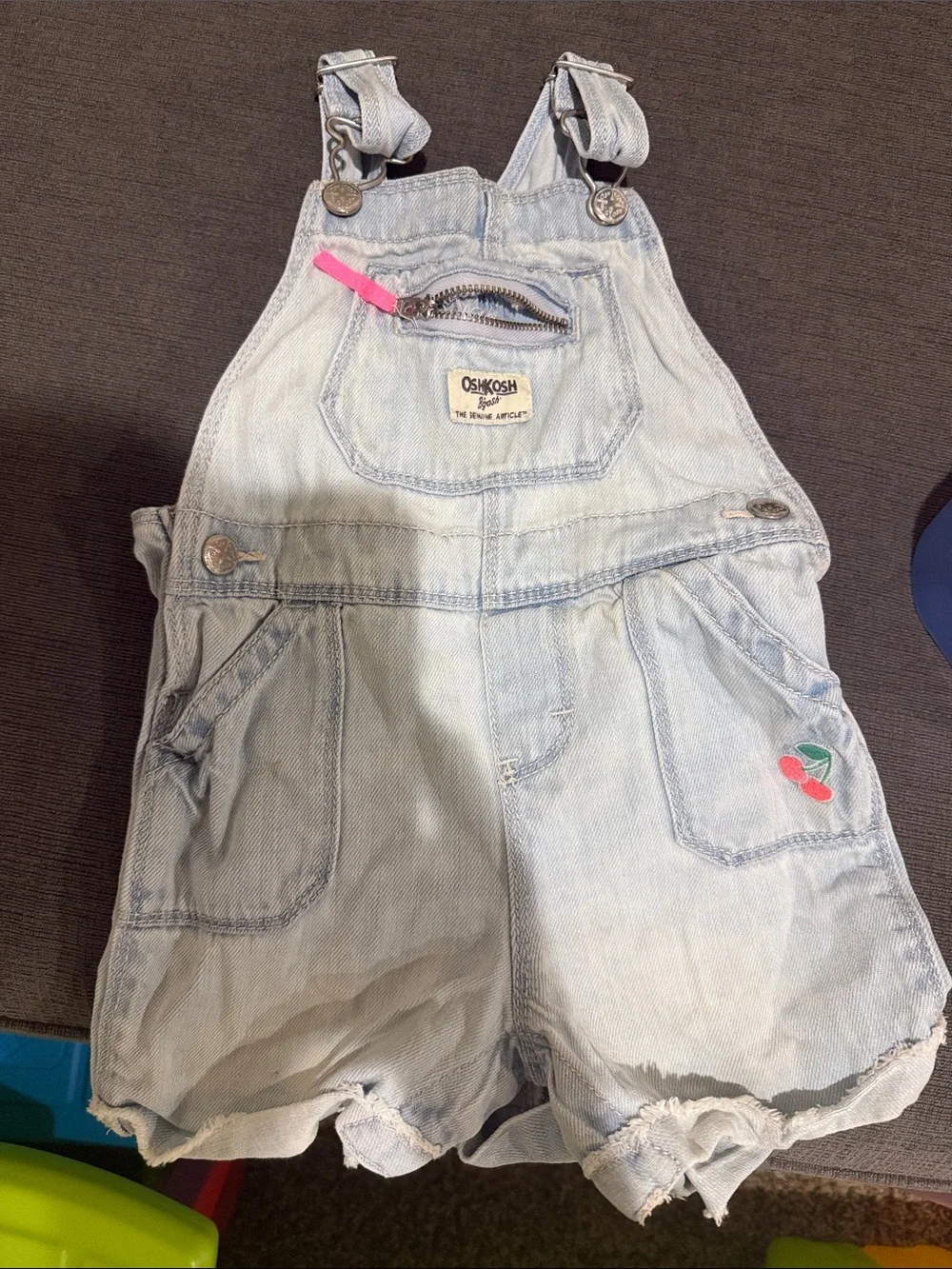 OshKosh B'gosh Light Blue Denim Shortall Overalls with Cherry Accent 18-24 month